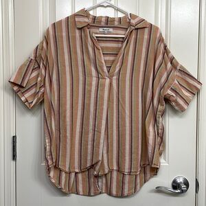 Madewell Striped V-Neck Collar Blouse in Tan, Olive & Rust
